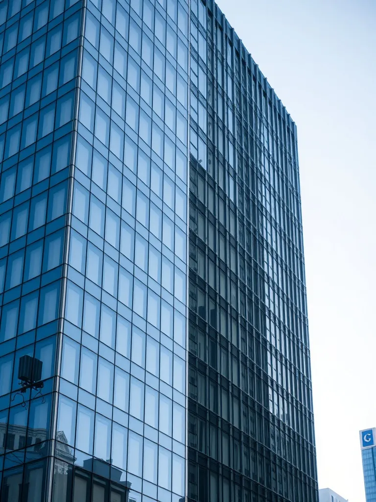 A high-angle architectural shot of a modern glass and steel