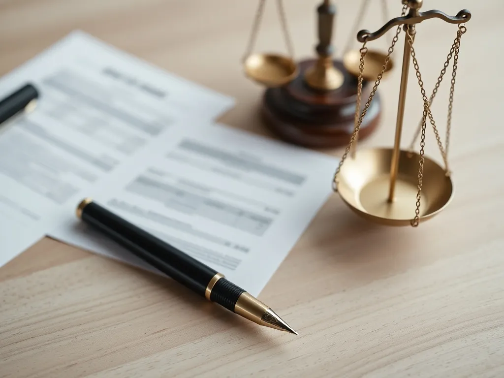 Close up of financial documents, a fountain pen, and a scale